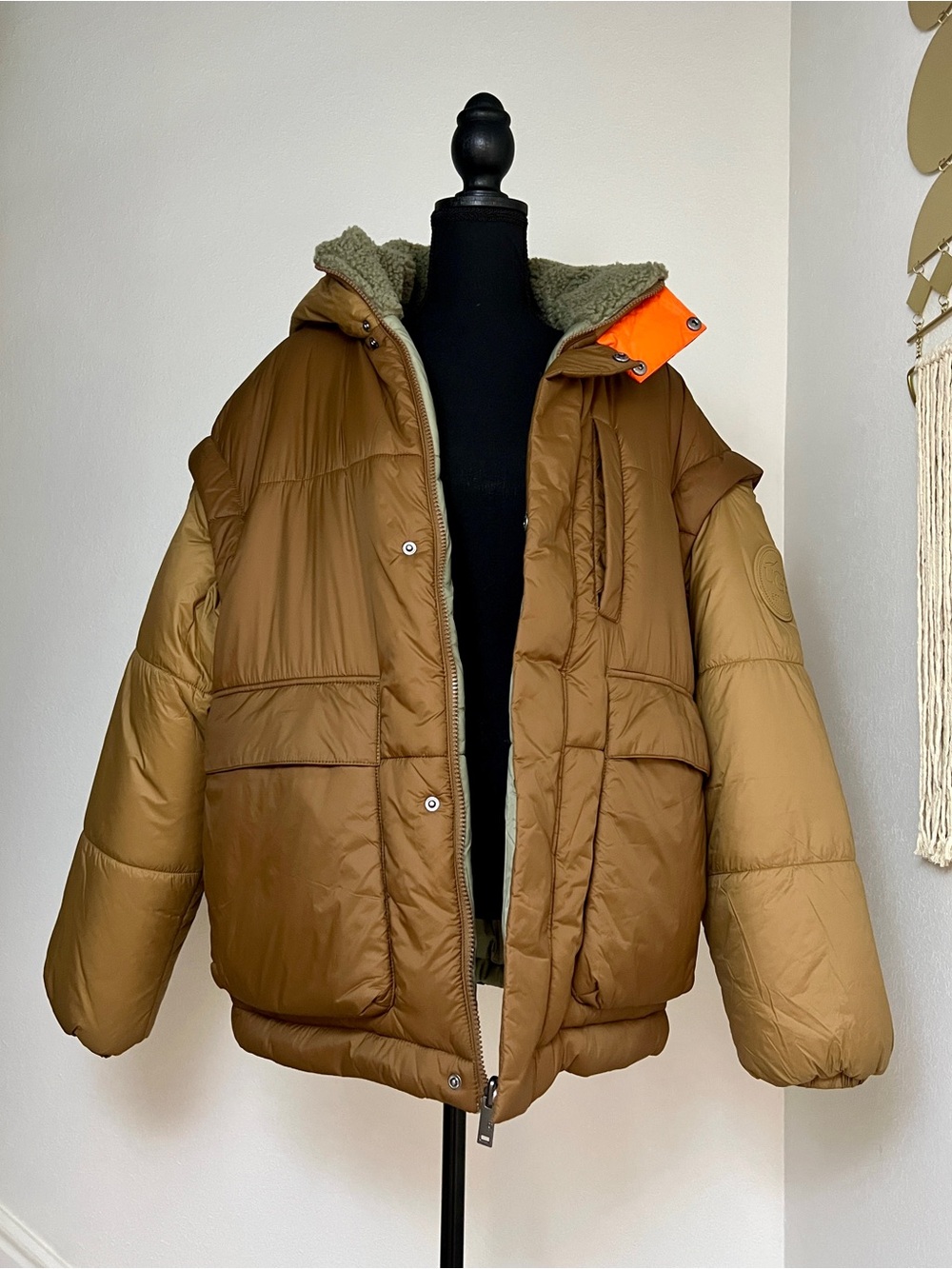 UGG Kristian Convertible Puffer Coat/Vest, Reversible, XXS/XS, Pecan/Moss